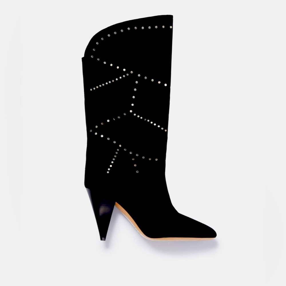 ISABEL MARANT 
Lestee Black Suede Silver Studded High Heel Slouch  Boot 40/10 US